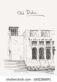 Sketch of old Dubai heritage city architecture, Hand drawn vector illustration, United Arab Emirates