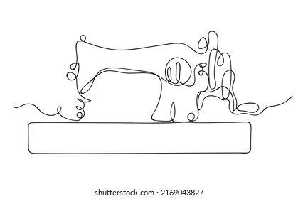 Sketch of old fashion wooden sewing machine. Tailor equipment in hand-drawn continuous line style. Editable contour. Vector