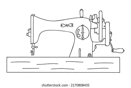 Sketch of old fashion wooden sewing machine. Tailor equipment in hand-drawn line style. Editable contour. Vector