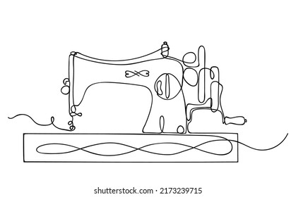 Sketch of old fashion wooden sewing machine. Tailor equipment in hand-drawn continuous line style. Editable contour. Vector