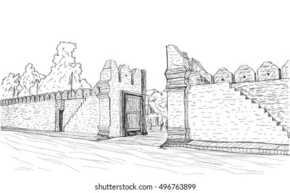 sketch of old gate Tha Phae gate in Thailand, Chiangmai free hand draw vector illustration