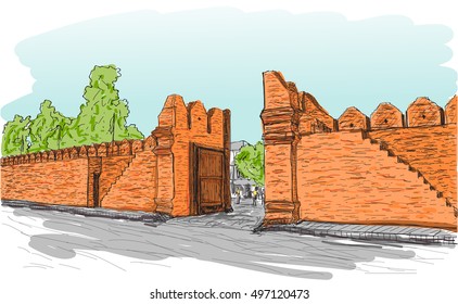 sketch of old gate Tha Phae gate in Thailand, Chiangmai free hand draw vector illustration