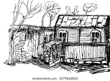 Sketch with  old house on a white background. Drawn by hand.