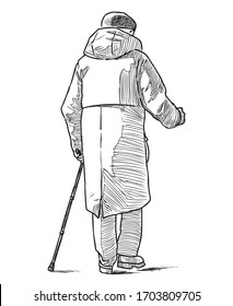 Sketch of old man with cane walking along street