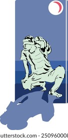 sketch of old man model carrying sack in the middle of the night with artistic lines on blue color shadow and background - vector illustration