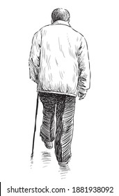 Sketch of old man with stick walking outdoors