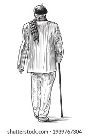 Sketch of old man with stick walking along street