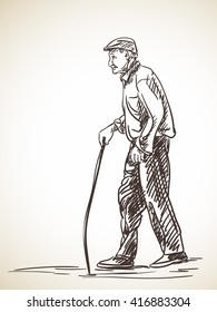 Sketch of old man walking with stick Hand drawn illustration