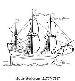sketch of an old sailing ship, coloring book, isolated object on white background, vector illustration, eps