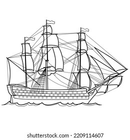 sketch of an old sailing ship, coloring book, and decoration cartoon, isolated object on a white background, vector, eps