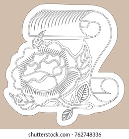 Sketch of old school roses tattoo. A sketch of a scroll of papyrus paper with red roses, green leaves. The sketch is made in warm colors. Hipster, youth old school picture for boys and girls