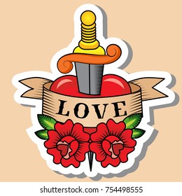 Sketch Of Old School Tattoo. A Sketch Of A Dagger Piercing Heart With The Inscription Love, Tattoo With Red Rose. The Sketch Is Made In Warm Colors. Hipster, Youth Old School Picture For Boys And Girl