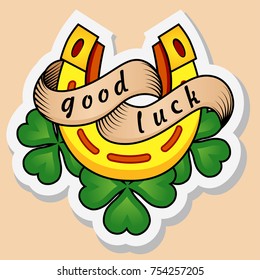 Sketch of old school tattoo. A sketch of a golden horseshoe tattoo with clover leaves and a sign of luck. The sketch is made in warm colors. Hipster, youth old school picture for boys and girls