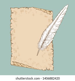 Sketch an old sheet of vintage paper and a goose feather. Hand-drawn vector illustration