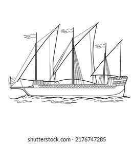 Skizze eines alten Schiffes, Farbbuch, einzeln auf Weiß, Vektorgrafik, eps