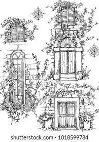 Dibujo de una calle antigua. Ilustración vectorial hecha en estilo vintage. Patrón inconfundible de fragmento de la ciudad vieja. Dibujo de Cityscape.