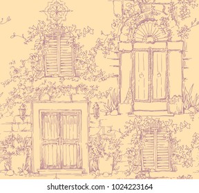 Sketch of old street. Vector illustration made in vintage style. Seamless pattern of old town fragment. Cityscape drawing.