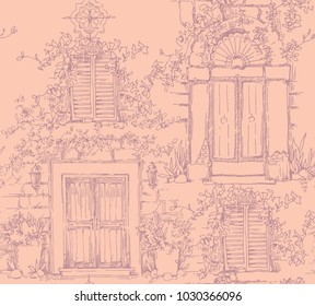 Sketch of old street. Vector illustration made in vintage style. Seamless pattern of old town fragment. Cityscape drawing.