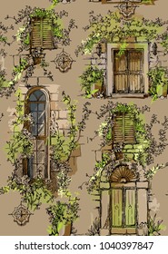 Sketch of old street. Vector illustration made in vintage style. Seamless pattern of old town fragment. Cityscape drawing.