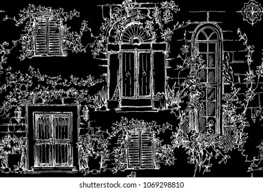 Sketch of old street. Vector illustration made in vintage style. Seamless pattern of old town fragment. Cityscape drawing.