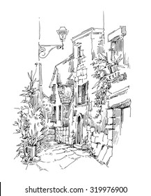 Sketch of old street. Vector illustration made in vintage style.