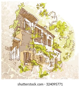Sketch of old street. Vector illustration made in vintage style.