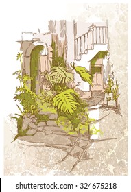 Sketch of old street. Vector illustration made in vintage style.