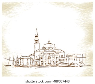 Sketch of old street. Vector illustration made in vintage style.