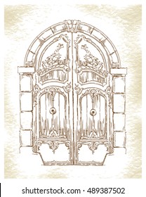 Sketch of old street. Vector illustration made in vintage style.