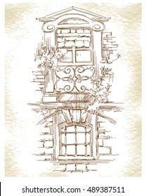 Sketch of old street. Vector illustration made in vintage style.