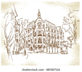 Sketch of old street. Vector illustration made in vintage style.