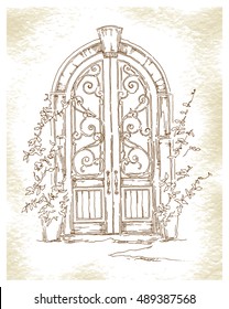 Sketch of old street. Vector illustration made in vintage style.