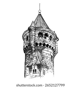 Esboço de torre velha com desenho de arte de linha de detalhes
