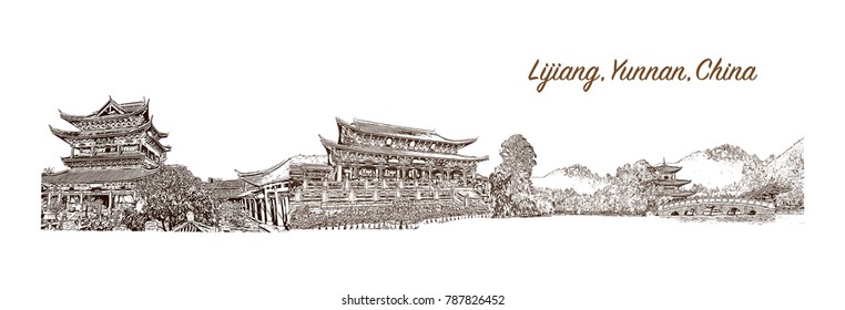 Sketch of Old Town of Lijiang, Yunnan, China Skyline in vector illustration.