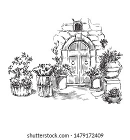 Sketch of old town street fragment. Vector illustration made in vintage style. Window, doors, street cafe,