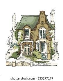 Sketch of old town. Vector illustration made in vintage style.