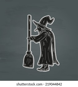 sketch of the old ugly witch with broom, vector