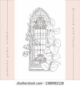 Sketch of Old Vector Hand Drawn Gothic Window Decorated with Florals, Eucalyptus and May Lily Flowers. Vector Illustration Vintage Style