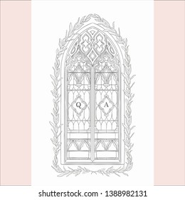 Sketch of Old Vector Hand Drawn Gothic Window Decorated with Florals, Branches. Vector Illustration Vintage Style