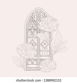 Sketch of Old Vector Hand Drawn Gothic Window Decorated with Florals, Peony Flowers. Vector Illustration Vintage Style