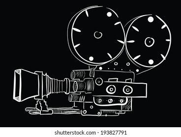the sketch of an old video camera on a black background