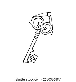 Sketch of an old vintage handmade door key on a white background.