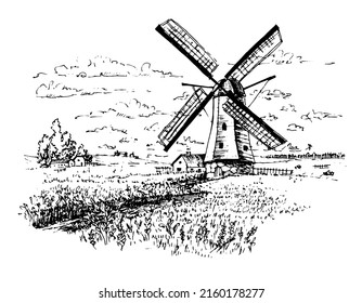 Esbozo con la vieja almazara salvaje. Ilustración de mano del molino de viento. Paisaje de Holanda con etiqueta de aldea y campo para harina