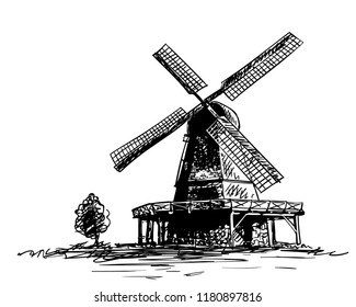 Sketch of old windmill  and small tree, Hand drawn vector illustration