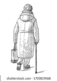 Sketch of old woman with bag and stick walking along street