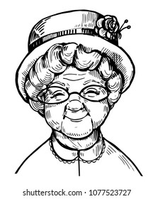 Sketch of old woman face, pensioner. Grandma. Hand drawn vector illustrtion