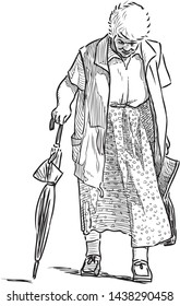 Sketch of an old woman with an umbrella going on a stroll