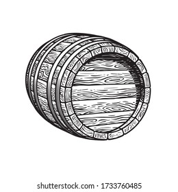 Sketch Of Old Wooden Barrel Lying On Its Side. Beer, Wine, Rum Whiskey Barrel Three Quarters View In Vintage Engraving Style. Hand Drawn Vector Illustrations Isolated On White Background.