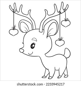 sketch, on the big horns of a cute deer, small hearts are tied on ribbons, coloring, valentines day, isolated object on a white background, vector, eps