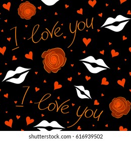 Sketch on a black background. Vector seamless love text, heart and letter pattern in white and orange colors, spring summer time, gentle romantic Valentine day background allover print design.